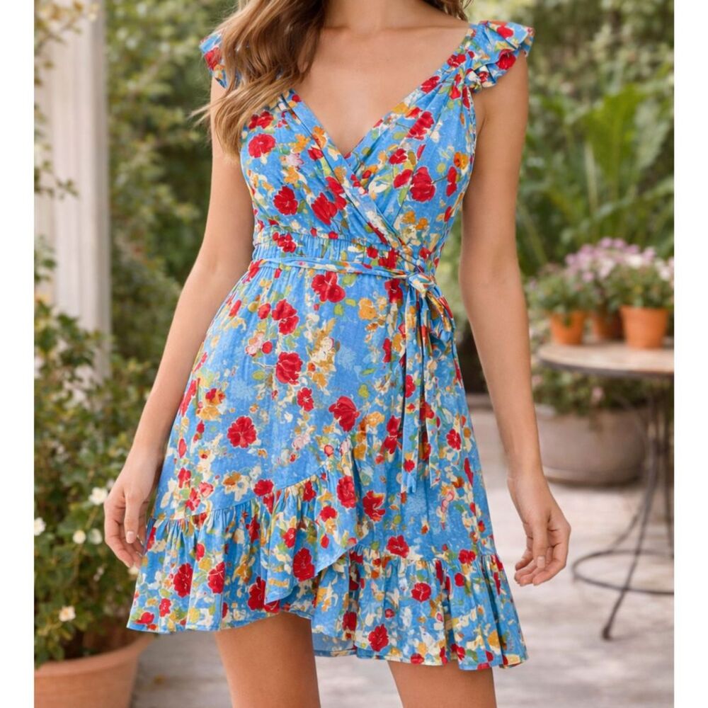 LC Lauren Conrad Blue Floral Wrap Dress Ruffle Tie Waist Cottagecore Size Large